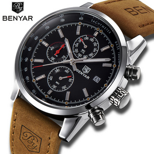 Benyar BY-5102 Original Quartz Wrist Watch for Men Chronograph Calendar Fashion Leather Mens Watch