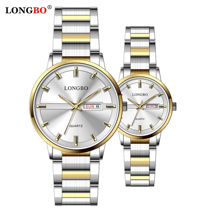 LONGBO 80555 Couple Quartz Watch Simple Stainless Steel Wristwatches Band Date Window 3 atm Couple Waterproof Couple Watch