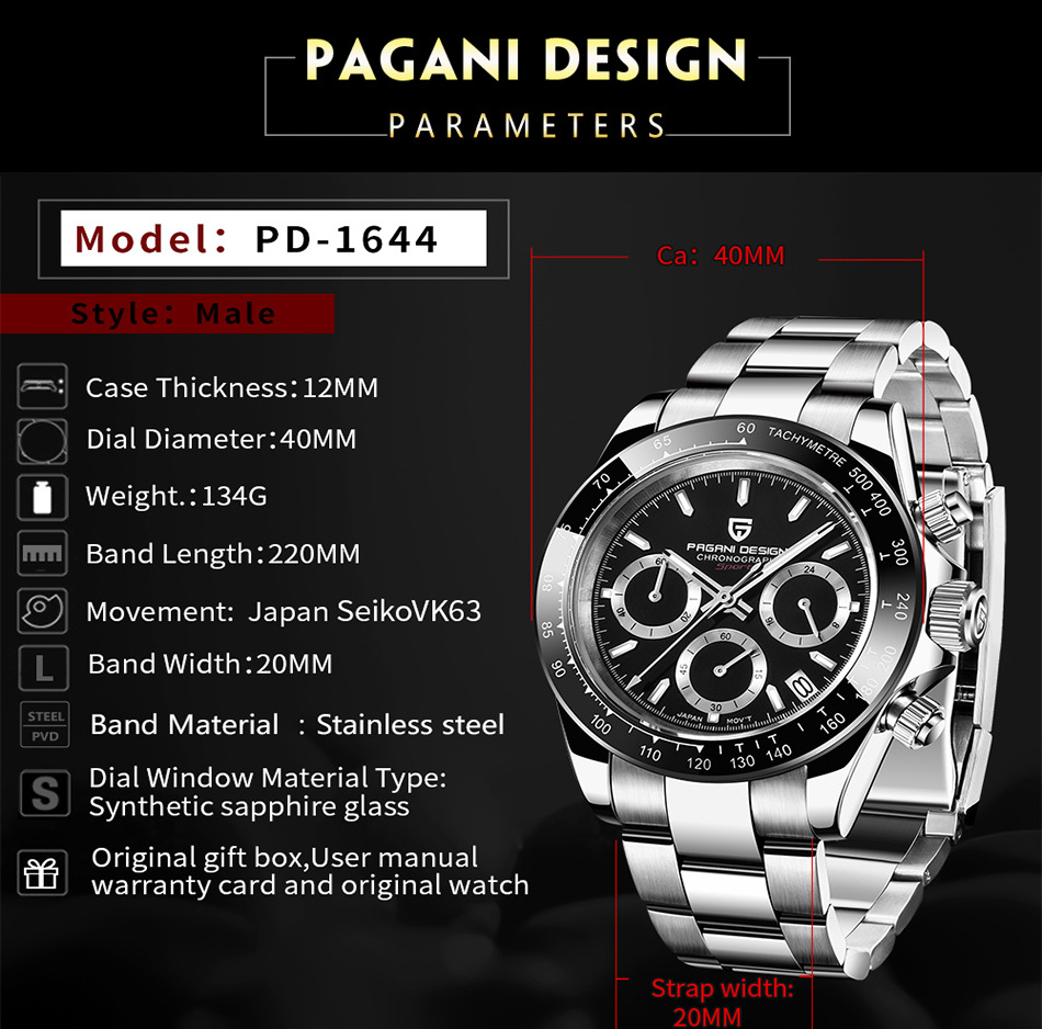 Pagani Design 1644 Business men wrist watches quality stainless steel chrono calendar luxury mens quartz watch