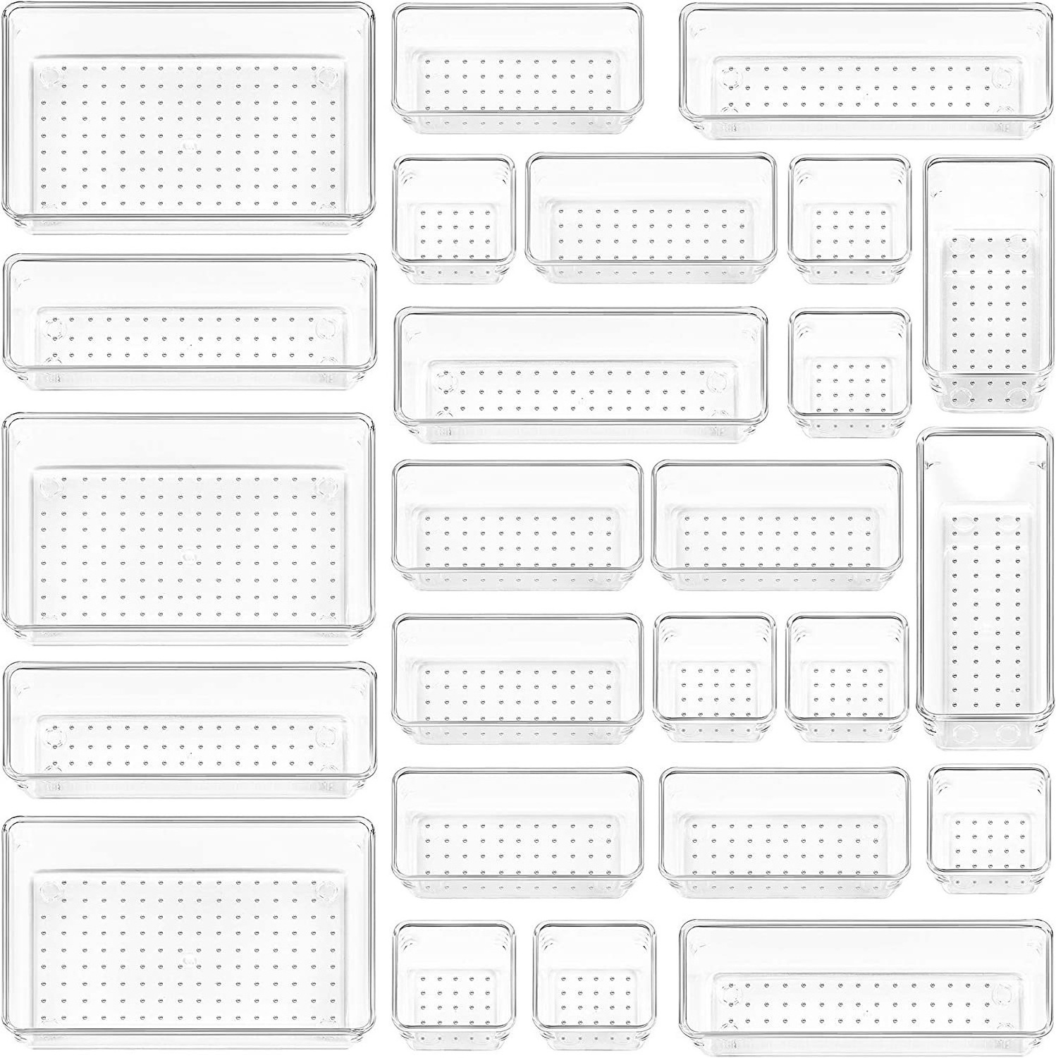 25 PCS Clear Plastic Drawer Organizers Set  4-Size Versatile Bathroom and Vanity Drawer Organizer Trays