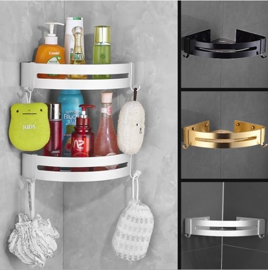 Corner Shower Caddy Shelf with Hooks for Bathroom Toilet Kitchen Storage Organizer Adhesive No Drilling Aluminum