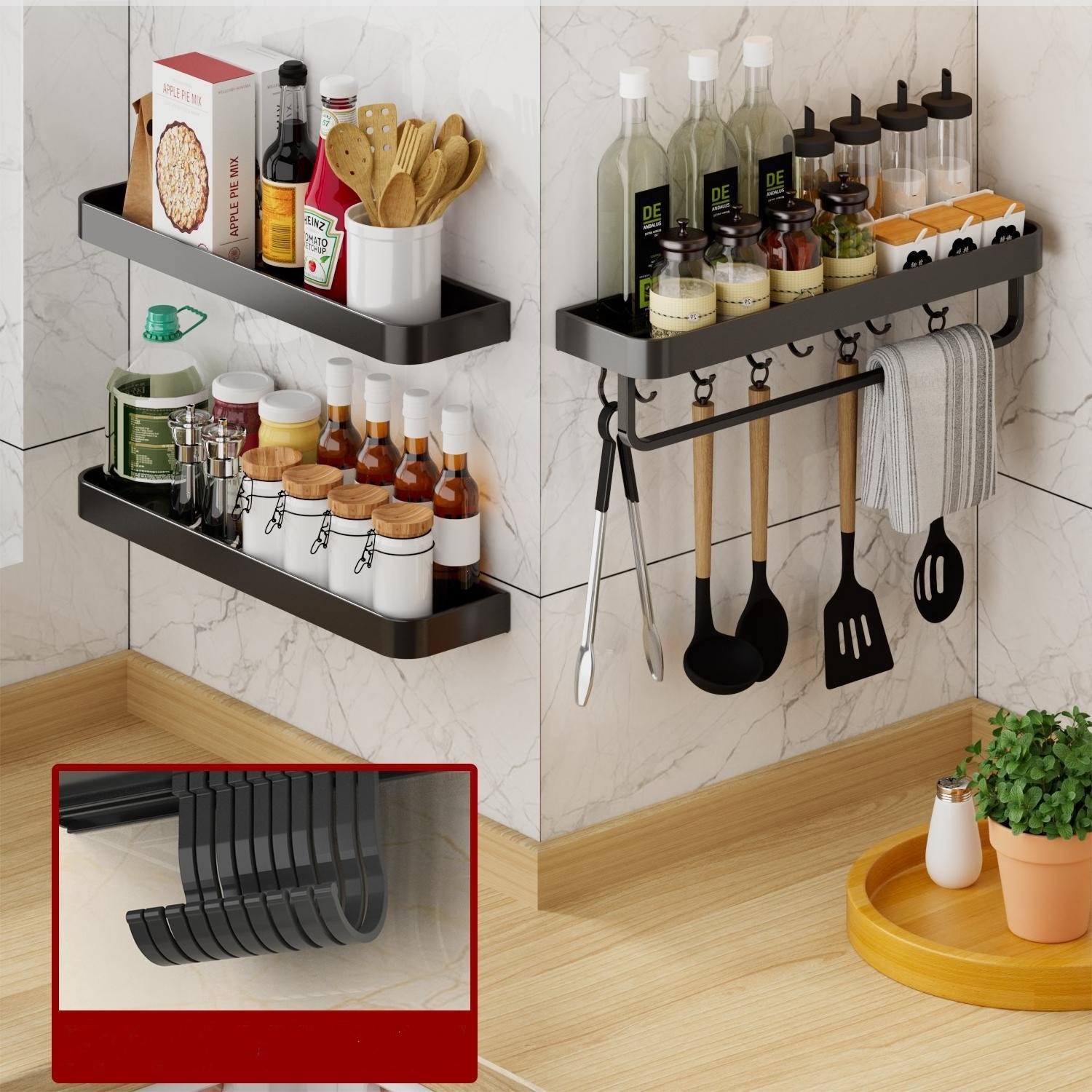 Multifunctional adhesive accessories storage shelf with hooks towel rack 3-tier shelves rack for bathroom kitchen living room