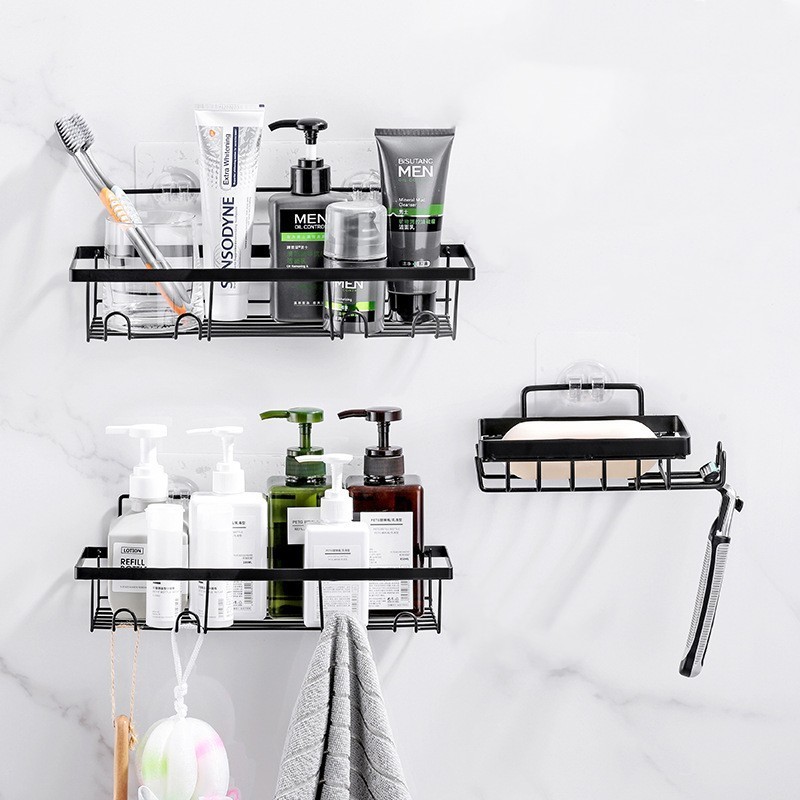 Hot sale Iron multifunction self adhesive bathroom shower shelf wall shelves towel rack shelf no drilling