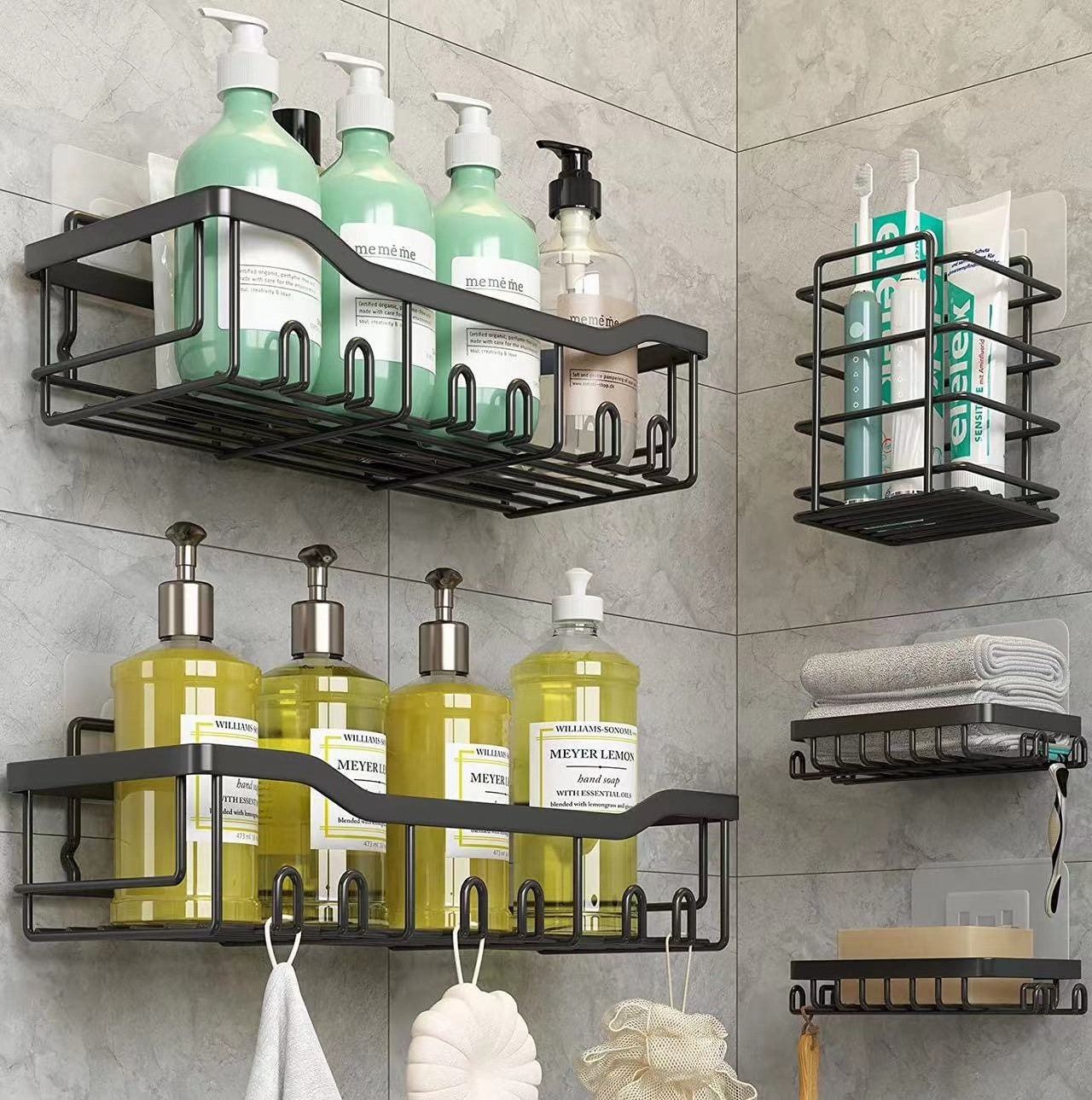 Shower Caddy Shelf Organizer Rack Self Adhesive Black Bathroom Shelves Basket Home Farmhouse Wall Inside Organization