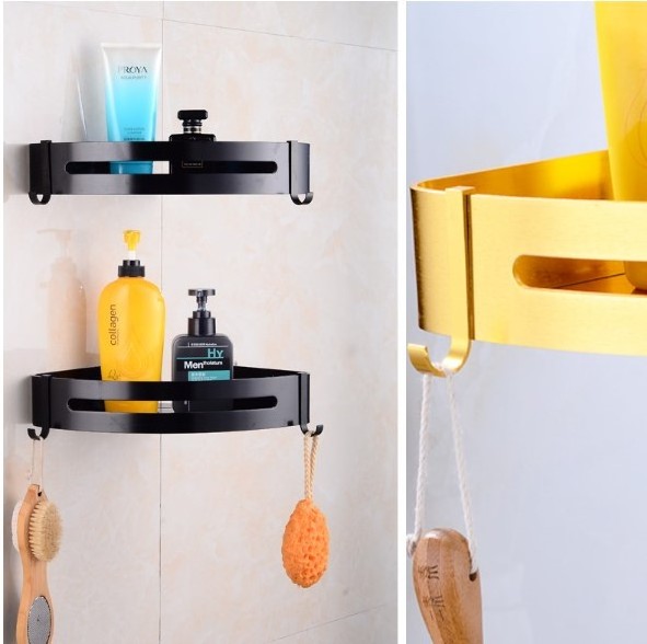 Corner Shower Caddy Shelf with Hooks for Bathroom Toilet Kitchen Storage Organizer Adhesive No Drilling Aluminum