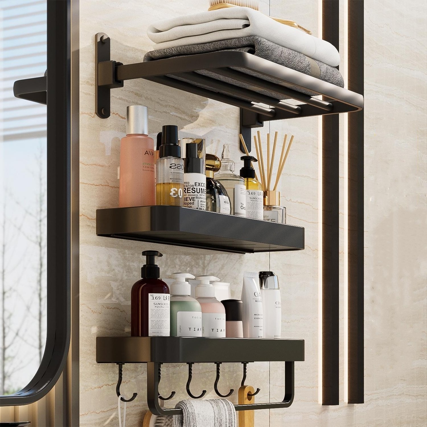 Multifunctional adhesive accessories storage shelf with hooks towel rack 3-tier shelves rack for bathroom kitchen living room