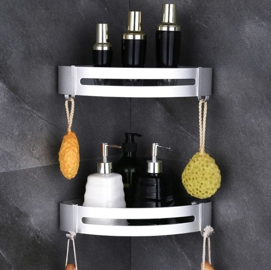 Corner Shower Caddy Shelf with Hooks for Bathroom Toilet Kitchen Storage Organizer Adhesive No Drilling Aluminum