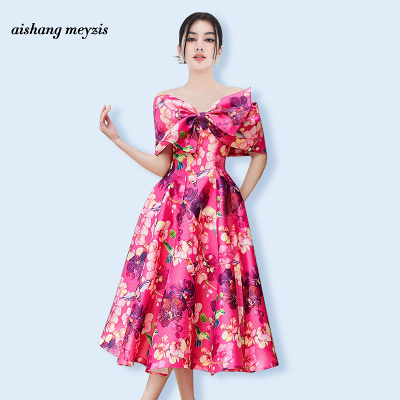 bow elegant skirt French fashion goddess sexy slim print mid-length dress