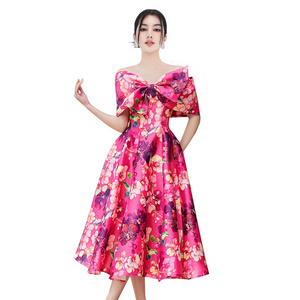 bow elegant skirt French fashion goddess sexy slim print mid-length dress