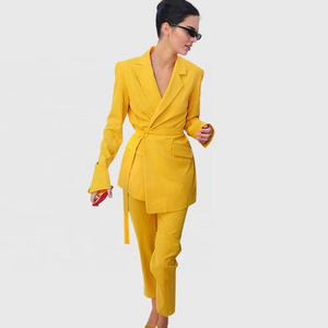 Fashion Women Office Suit Blazer Yellow Elegant Ladies Celebrity Evening Runway Party Pants Suits