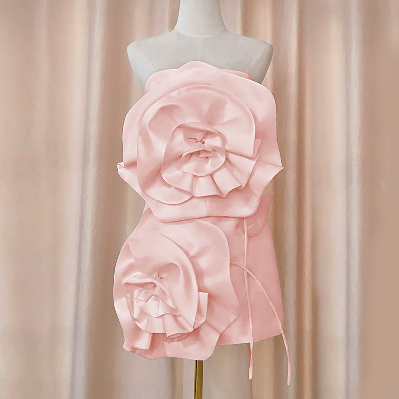 Three-dimensional flower decoration pink evening dress sexy strapless backless dress