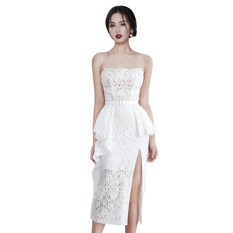 Fashion Belt Lace Elegant Sleeveless Party Sexy Slit Hem Ruffle White Bodycon Midi Dress