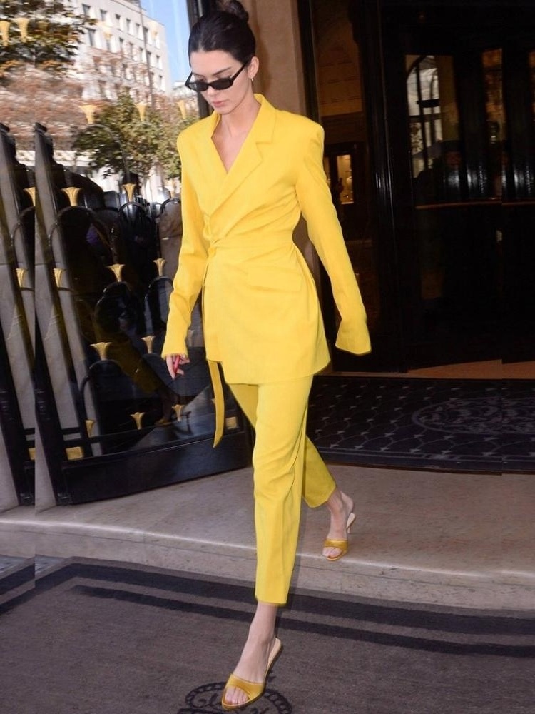 Fashion Women Office Suit Blazer Yellow Elegant Ladies Celebrity Evening Runway Party Pants Suits