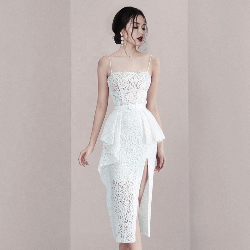 Fashion Belt Lace Elegant Sleeveless Party Sexy Slit Hem Ruffle White Bodycon Midi Dress