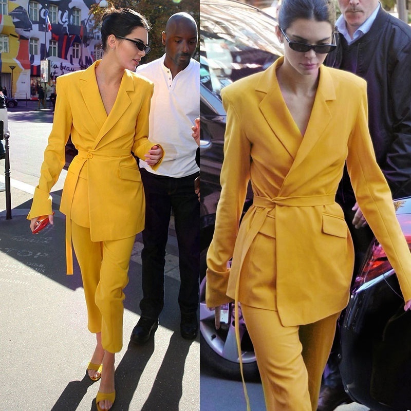 Fashion Women Office Suit Blazer Yellow Elegant Ladies Celebrity Evening Runway Party Pants Suits