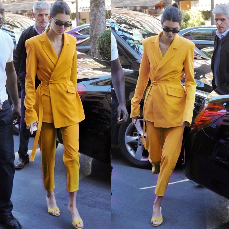 Fashion Women Office Suit Blazer Yellow Elegant Ladies Celebrity Evening Runway Party Pants Suits