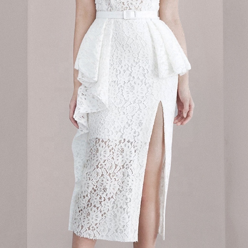 Fashion Belt Lace Elegant Sleeveless Party Sexy Slit Hem Ruffle White Bodycon Midi Dress