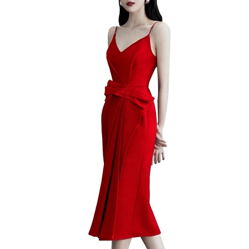 Asian New High Quality Sling Sexy V-neck Evening Dress Elegant China Dresses for Lady Party