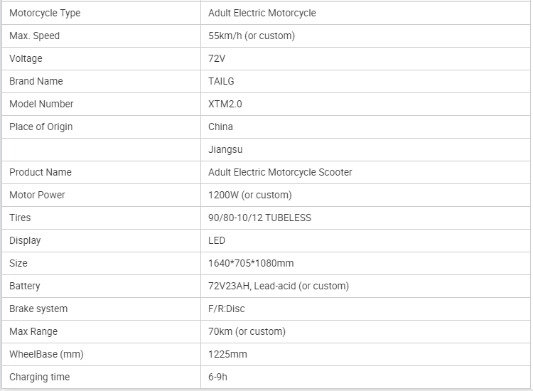 TAILG Fashion Design Sport 250CC 72V Speedometer 2000W Chopper China E Electric Motorcycle For Adults