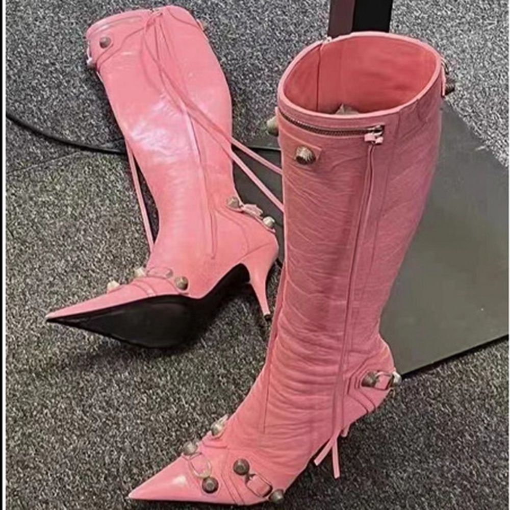 Plus Size Trendy Ladies Shoes Stiletto Heel Pointed Toe Winter Long Boots Studs Side Zipper Women Knee High Boots