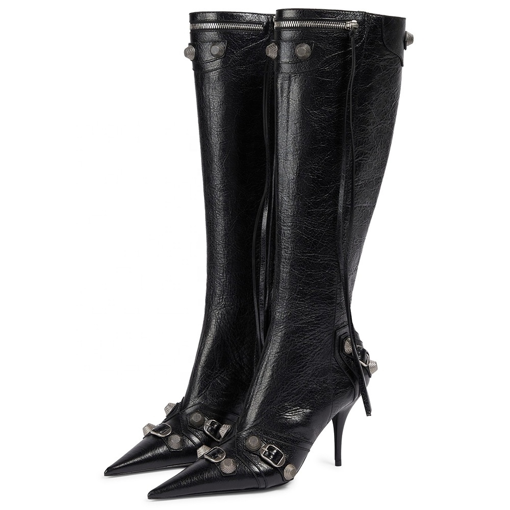 Plus Size Trendy Ladies Shoes Stiletto Heel Pointed Toe Winter Long Boots Studs Side Zipper Women Knee High Boots