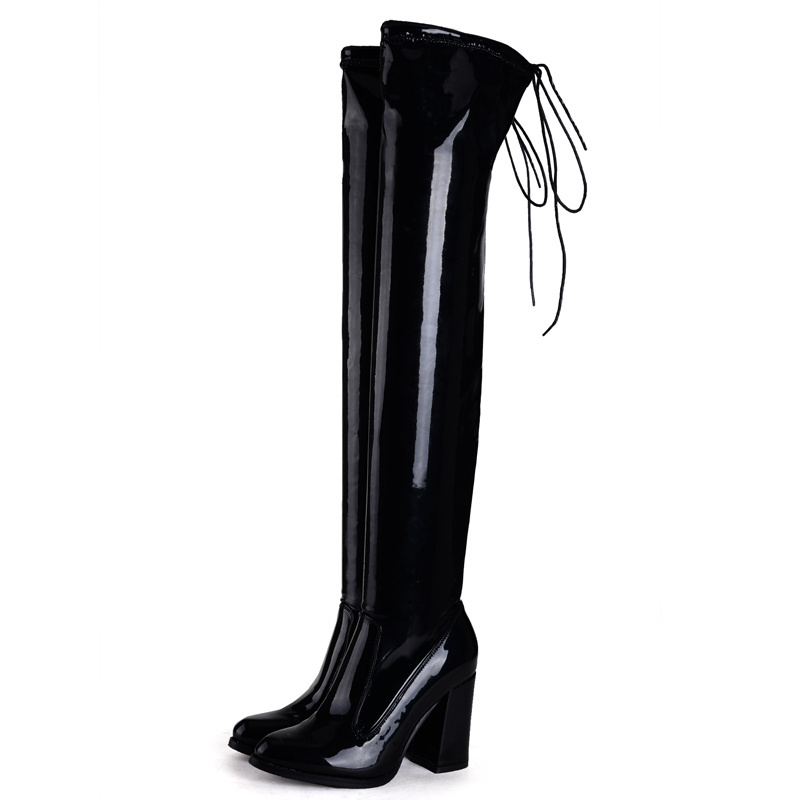 Black Mirror Pu Sock Boots Women Heels Thigh High Womens Sexy Heel Latex Over The Knee Shoes Boot