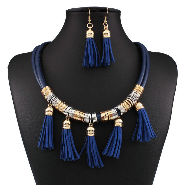 New Arrival Statement Necklaces Fashion African Jewelry Sets Leather Tassel Necklace Earring Set