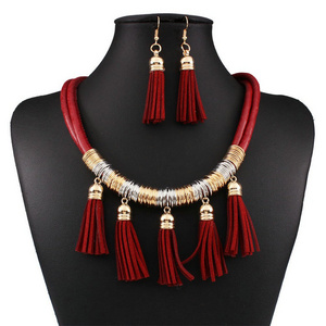 New Arrival Statement Necklaces Fashion African Jewelry Sets Leather Tassel Necklace Earring Set