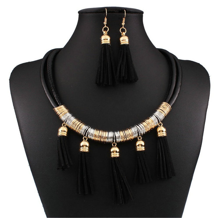 New Arrival Statement Necklaces Fashion African Jewelry Sets Leather Tassel Necklace Earring Set