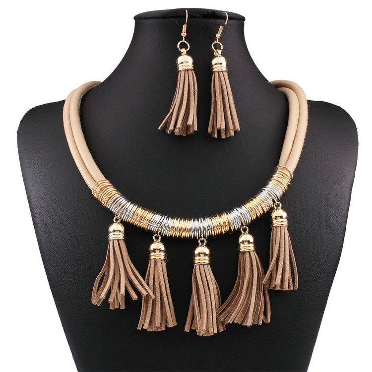 New Arrival Statement Necklaces Fashion African Jewelry Sets Leather Tassel Necklace Earring Set