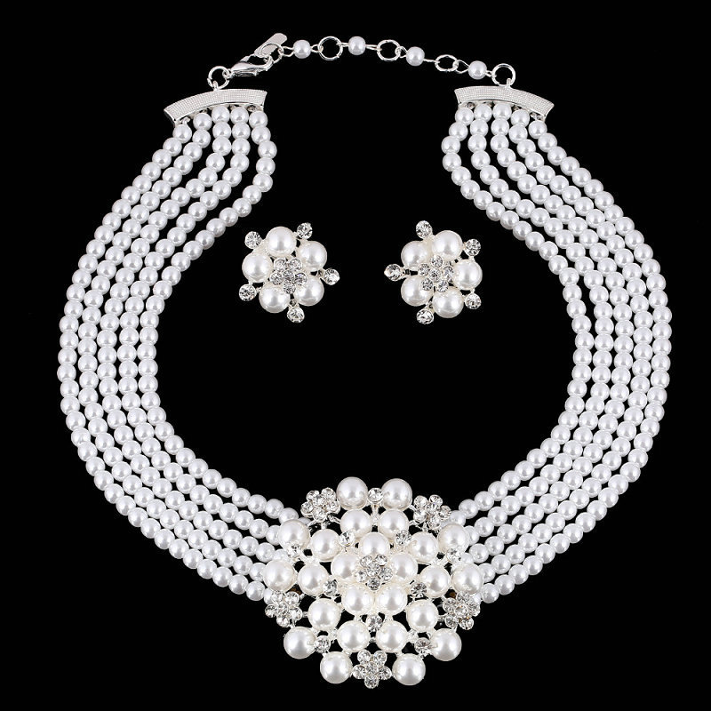 New arrival luxury flower crystal pearl bridal wedding jewelry set