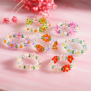 Ins Fashion Acrylic Rainbow Color Handmade Resin Crystal Beads Woven Flower Ring for Women