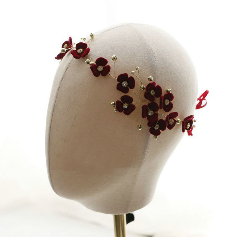 Wholesale Red Rose Flower Bridal Headband Vine Gold Beads Shiny Rhinestones Wedding Prom Headwear Jewelry For Women