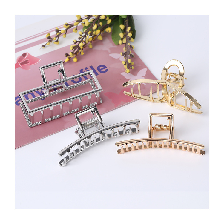 Korean Fashion INS Nonslip Shiny Metal Rectangular Geometric Arc gold Metal Hair Claw Clip alloy hair claw for thick hair