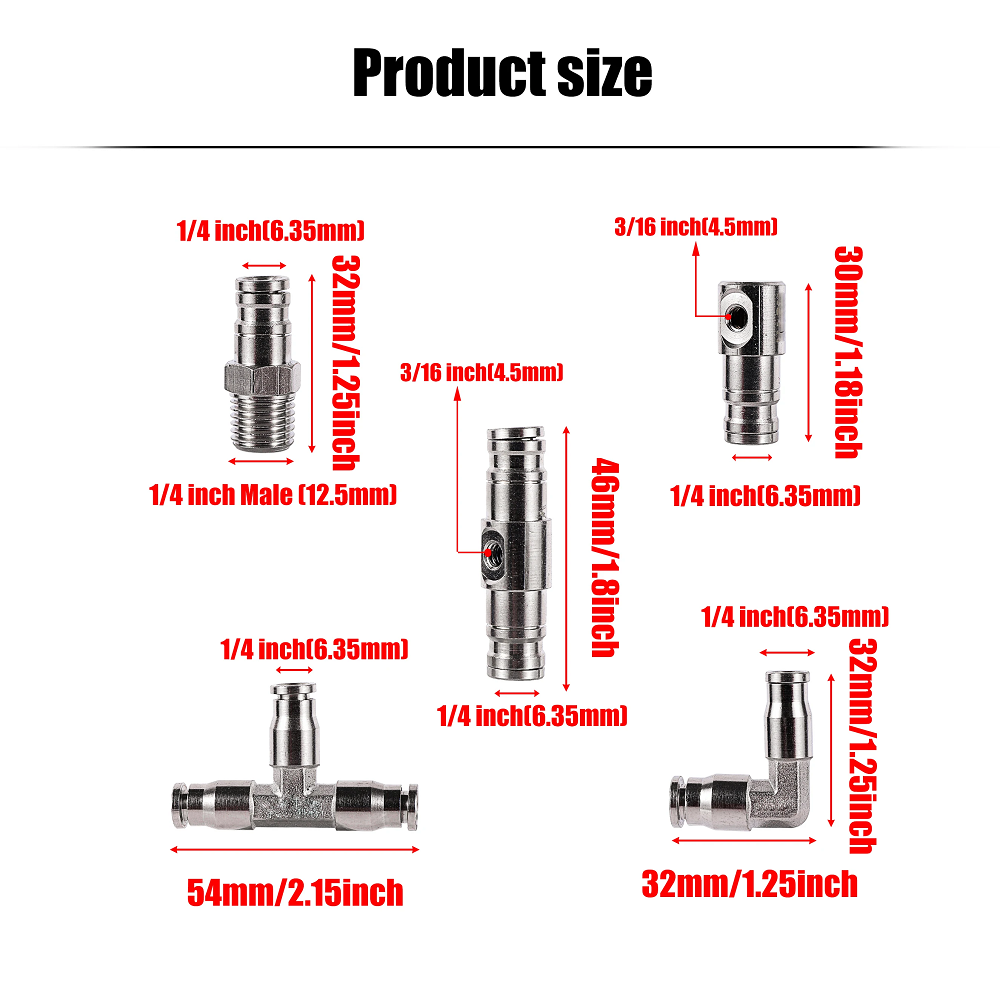 1/4 inch Pneumatic Fittings OD 6.35mm Tube Metal Quick Connect High Pressure Air Hose Connector Push in Fitting