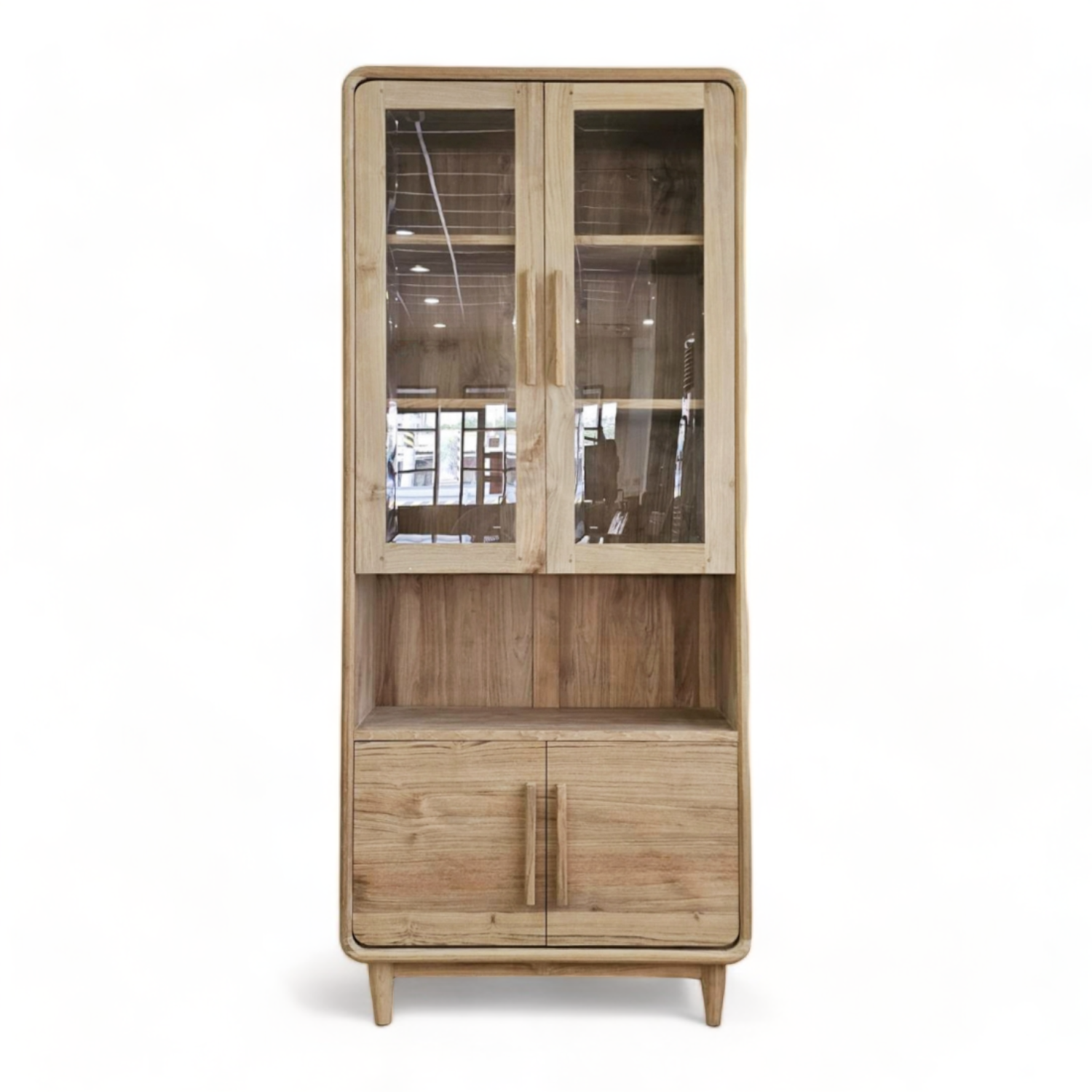 Luxury Wood Grain Book shelf for Living Room Cabinet Glass Door in Home Furniture with Plantation Teak Wood Display Cabinet