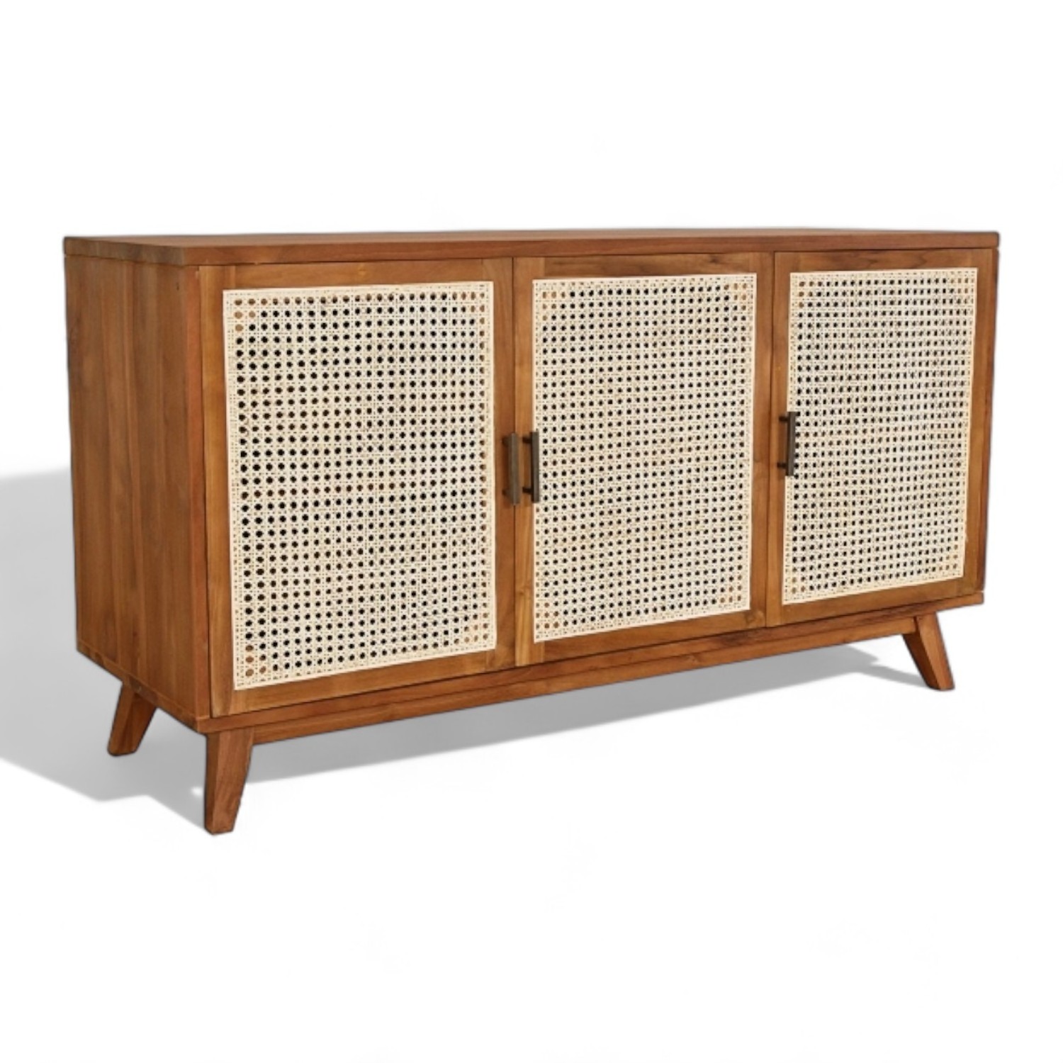 Mid Century Modern Solid Teak Wood Media Cabinet with 3 Natural Rattan Doors and Wood Shelf Wooden Sideboard Tv for Living Room