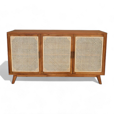 Mid Century Modern Solid Teak Wood Media Cabinet with 3 Natural Rattan Doors and Wood Shelf Wooden Sideboard Tv for Living Room