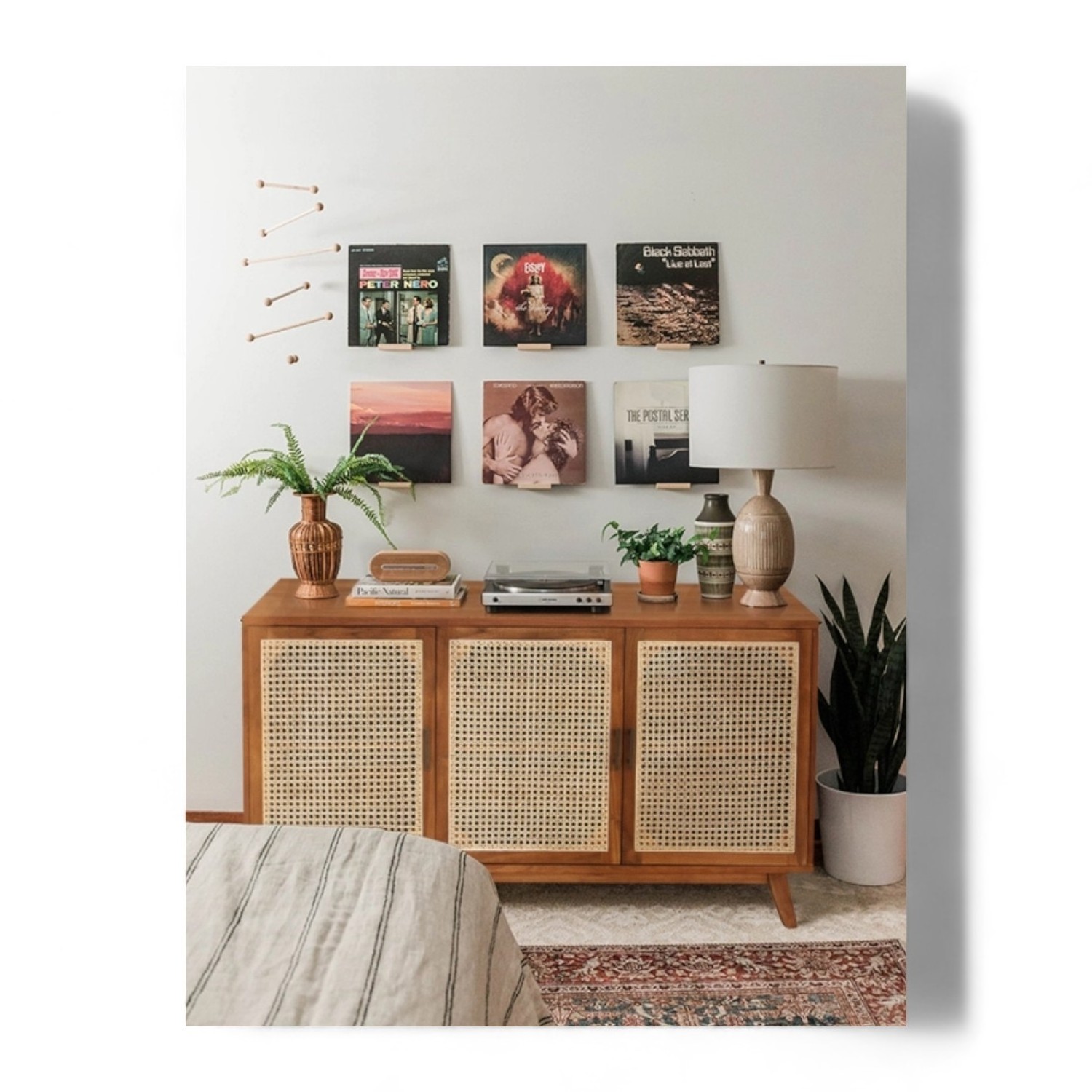 Mid Century Modern Solid Teak Wood Media Cabinet with 3 Natural Rattan Doors and Wood Shelf Wooden Sideboard Tv for Living Room