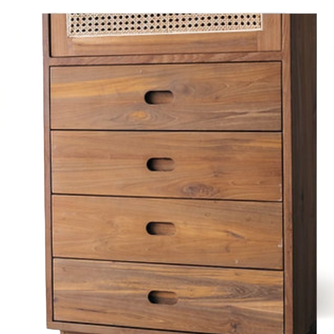 Teak Wood Wardrobe Bedroom Furniture in Single Rattan Door Wardrobe with Drawers Modern Wooden Cupboard for Bedroom Wardrobe