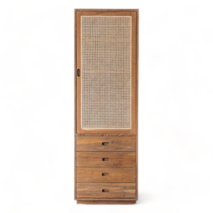 Teak Wood Wardrobe Bedroom Furniture in Single Rattan Door Wardrobe with Drawers Modern Wooden Cupboard for Bedroom Wardrobe