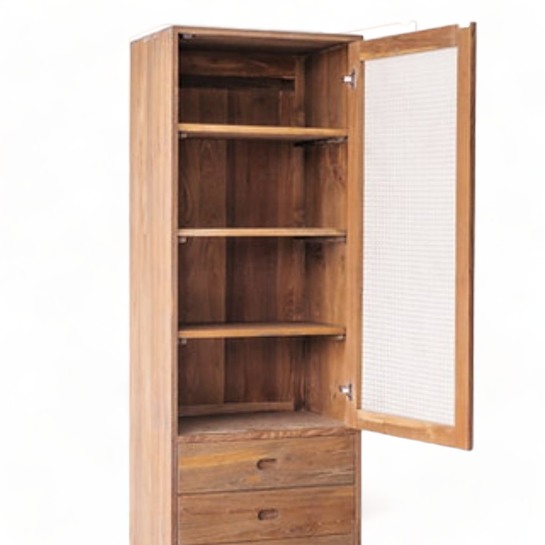 Teak Wood Wardrobe Bedroom Furniture in Single Rattan Door Wardrobe with Drawers Modern Wooden Cupboard for Bedroom Wardrobe