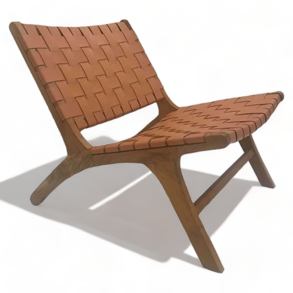 Living Furniture Teak Relax Chair With Weaving Leather Modern Wood Lazy Chair Can Use Product Outdoor Furniture And Garden Sofas