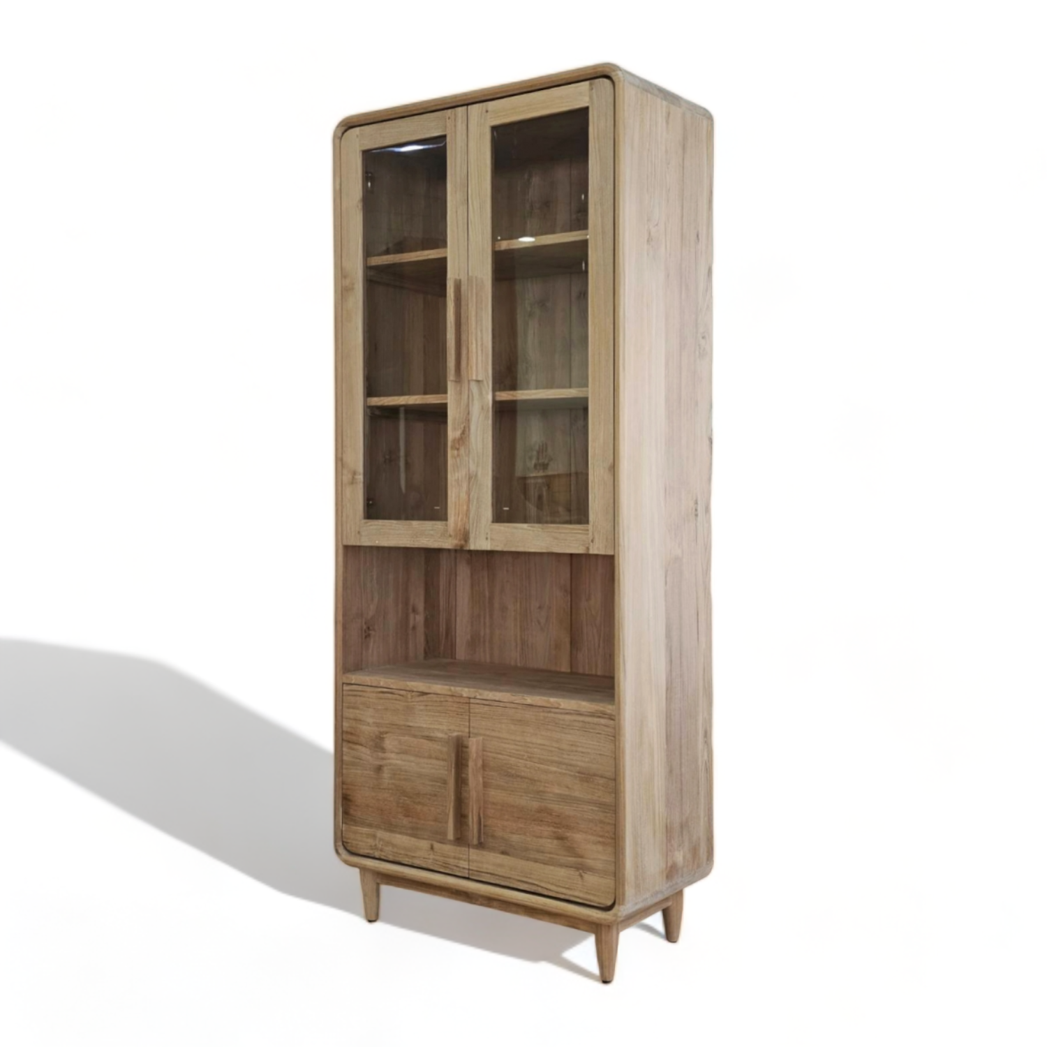 Luxury Wood Grain Book shelf for Living Room Cabinet Glass Door in Home Furniture with Plantation Teak Wood Display Cabinet