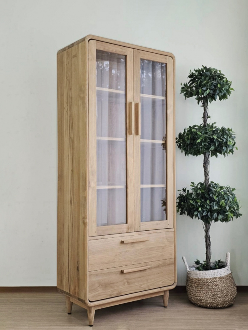 Minimalist Teak Cabinet Pantry Buffet Hutch Teak Cupboard Storage Cabinet Wood Furniture Kitchen Cabinet with Glass Door