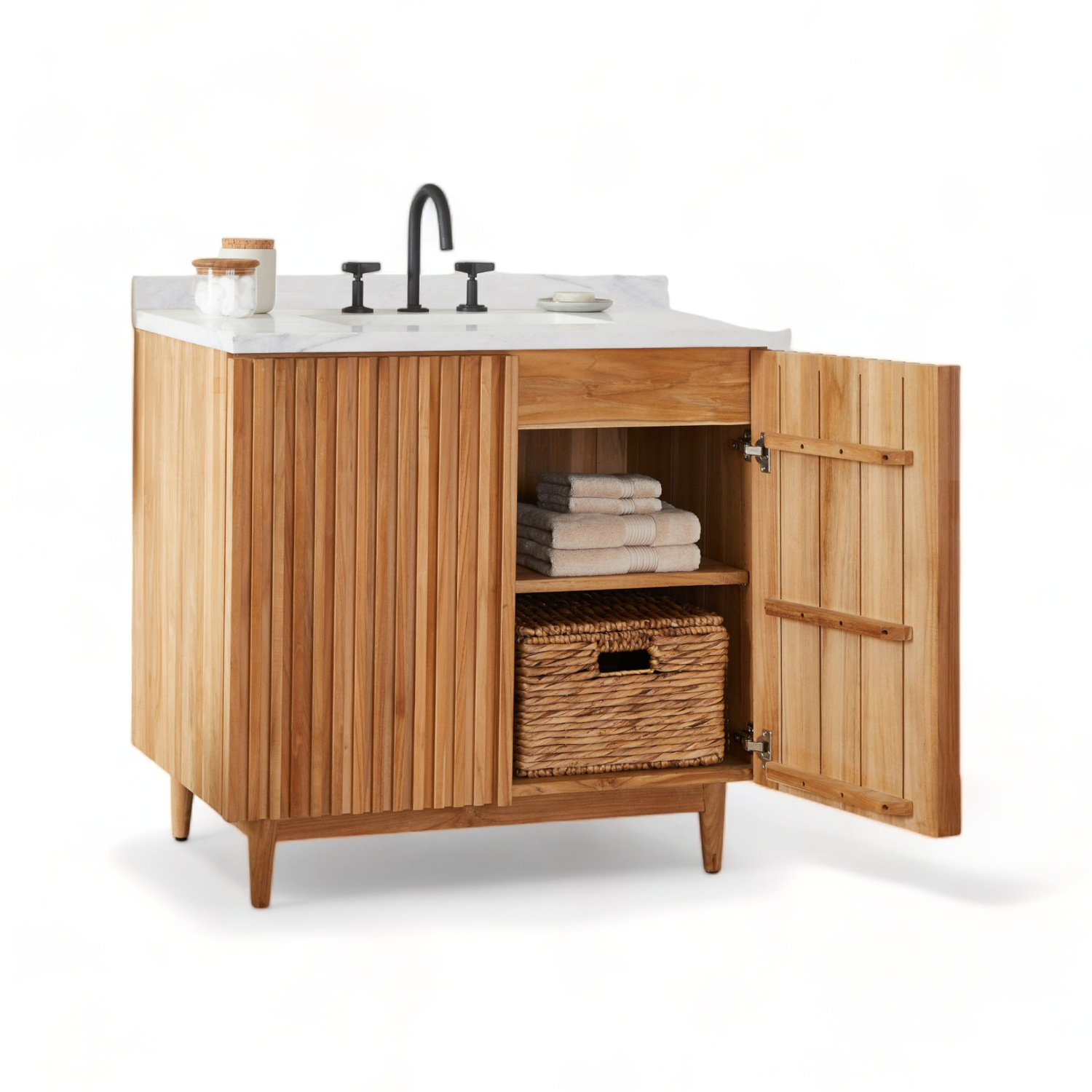 Mid Century Teak Single Vanity Cabinet in Durable and Water Resistance Raw Teak Luxury Wooden Vanity Cabinet Bathroom Furniture