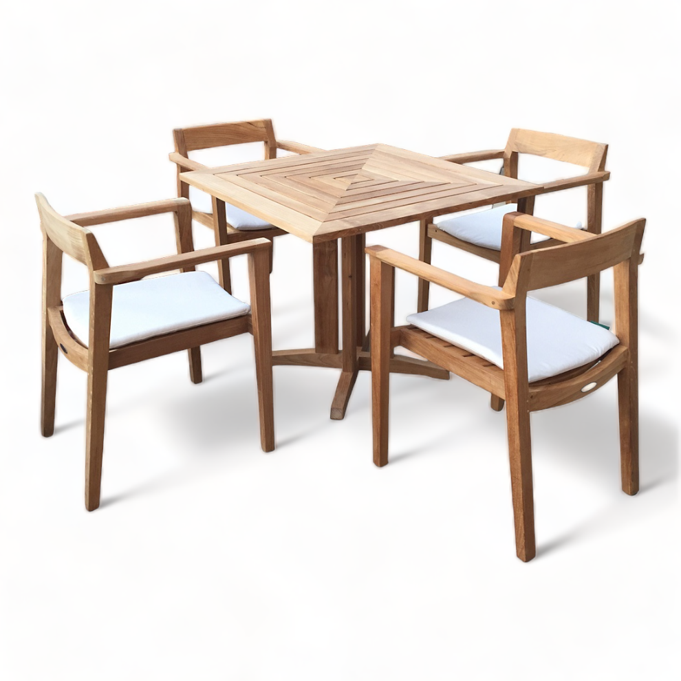 Cafe Furniture Wood Restaurant Furniture Dining Tables Set 4 chairs with Arm in Stacking for Teak Outdoor Furniture