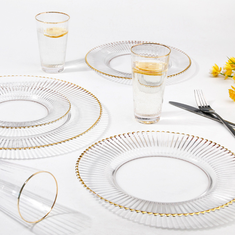 Clear Glass Dinner Plates Gold Rim Steak Cake Dessert Charger Plate Table Buffet Dishes Table Service Plates for Wedding Party