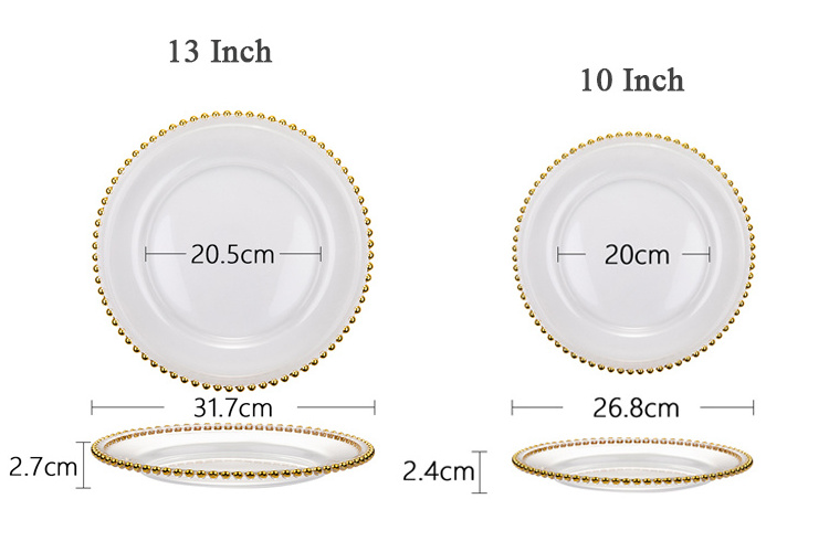 8/10/13 Inch Gold Beaded Charger Plates Clear Round Glass Dessert Dishes Under Dinner Plates Sets for Wedding Party Decor