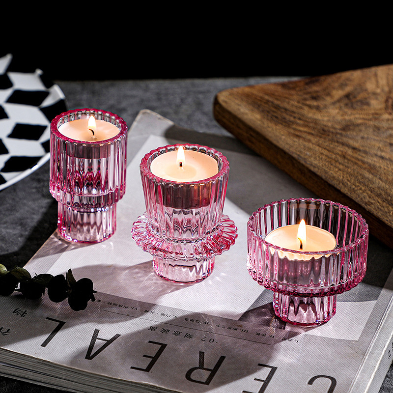 3PCS Glass ribbed candlestick holder empty candle jars 2-in-1 tea light taper candle holders for home dinner/wedding decoration